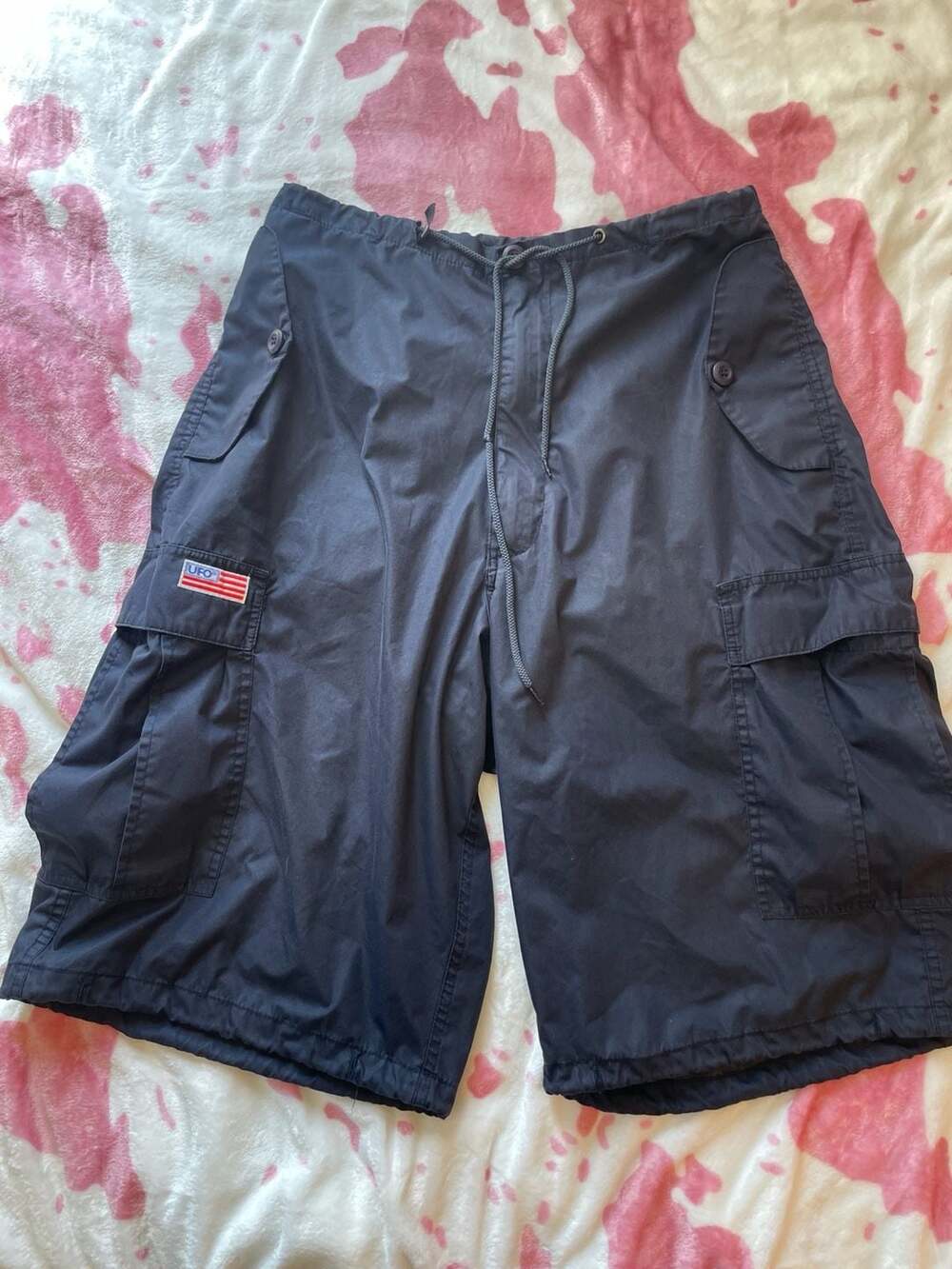 Vintage UFO Parachute Cargo Shorts with American Flag Patch, Size Small